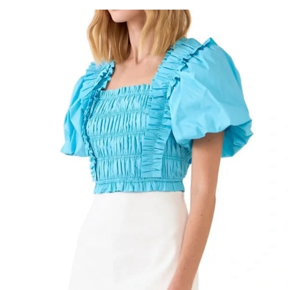 Endless Rose Blue Smocked Puff Sleeve Blouse